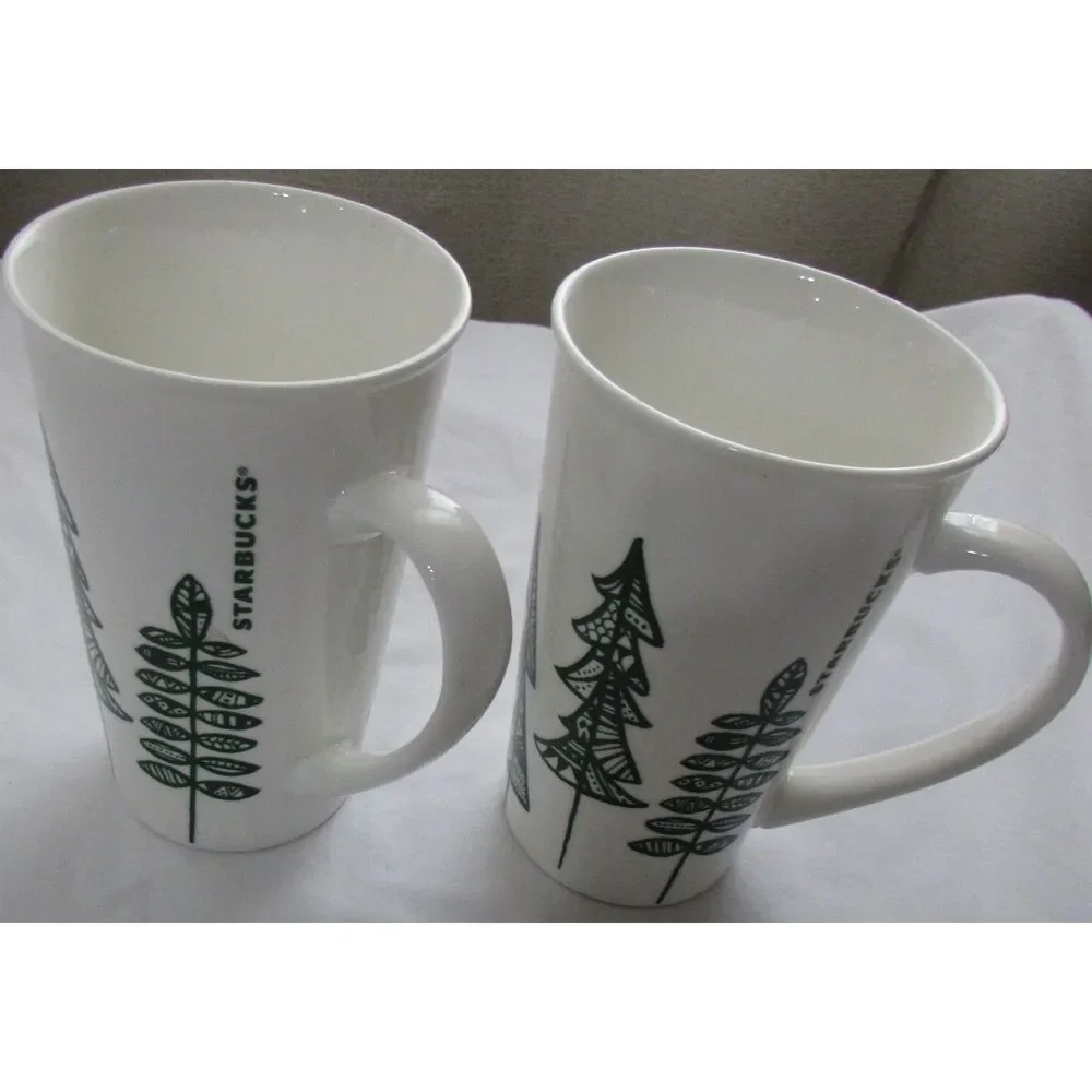 Starbucks 2015 tall coffee mugs set of 2 Christmas Tree green and white tea - Picture 2 of 7